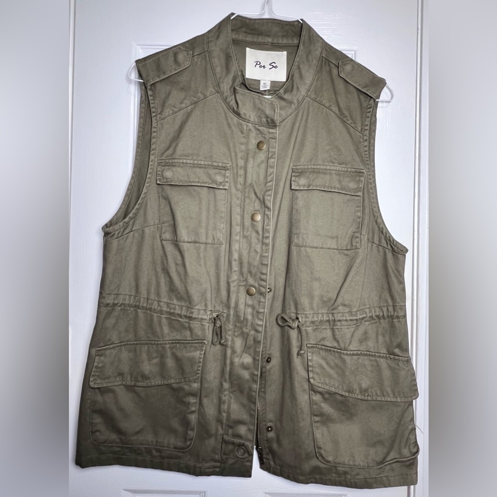 PER SE *NWT* Women's XL Olive Green Utility Safari‎ Sleeveless Zip Vest Pockets
